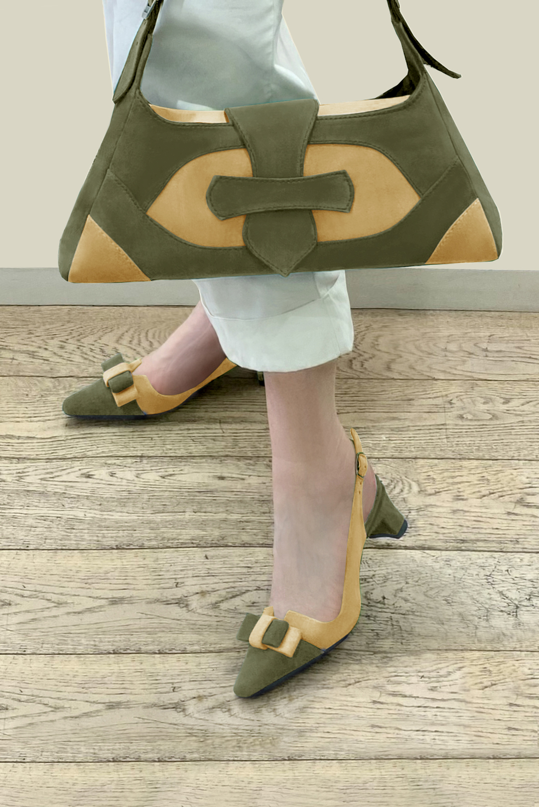 Khaki green and mustard yellow women's open back shoes, with a knot. Tapered toe. Low kitten heels. Top view - Florence KOOIJMAN